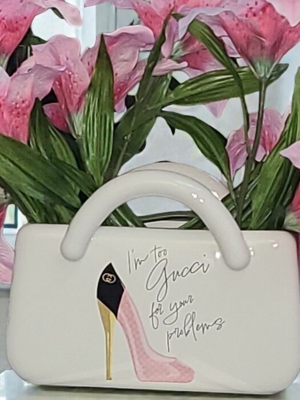 White Ceramic Handbag Vase/Desk Organizer with Pink Heel Graphic